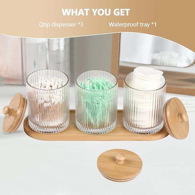 eggs sound 3 Pack Qtip Holder - Bathroom Organizers and Storage, Cotton Round Holder Floss Pick Cotton Ball Holder Swab Dispenser Set with Tray, Glass Apothecary Jars with Lids, -sw clear y
