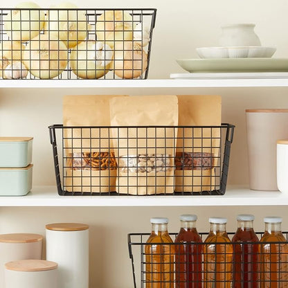 Farmlyn Creek Metal Wire Narrow Baskets - Rust-Resistant Pantry Organizer Storage - Sturdy Handles for Cabinet Organizer - Slim Profile for Narrow Storage - 3-Pack, 16 x 6 x 6 in, Black