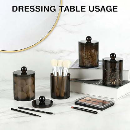 WEISHI 4 Pack Qtip Holder Dispenser - Cotton Ball, Swab, Round Pads, Floss , Small Plastic Apothecary Jar Containers with Lids for Bathroom Storage and Organization, Vanity Organizer ( Black )
