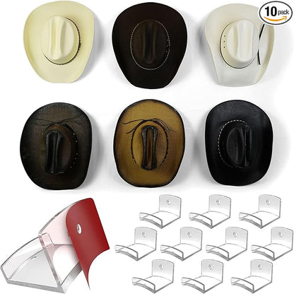 Modern JP Adhesive Hat Hooks for Wall (10-Pack) - Cowboy Hat Rack, Wide Brim Hat Organizer, Strong Hold Hat Hangers for Wall - Clear