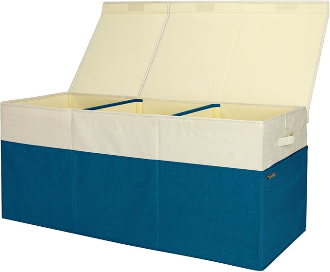 BALEINE Fabric Storage Bins with Lid, Collapsible Extra Large Storage Boxes Bins Baskets with Divider for Home Organizing (37.5"x13"x16", Navy Blue&Beige)