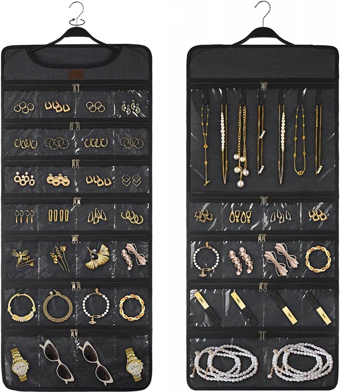 SMRITI Hanging Jewelry Organizer with Dual Zippered Pockets Canvas Double Sided Rotating Hanger Necklace Hanging Wall Organizer Earring Dustproof Holder Wall Mount Accessories Display Bag(Dark Grey)