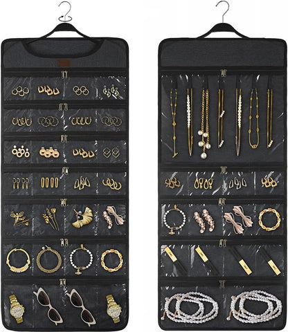 SMRITI Hanging Jewelry Organizer with Dual Zippered Pockets Canvas Double Sided Rotating Hanger Necklace Hanging Wall Organizer Earring Dustproof Holder Wall Mount Accessories Display Bag(Dark Grey)
