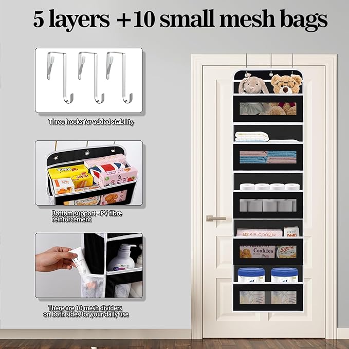 KYEVIS Over The Door Organizer, 5 Shelves Closet Door Hanging Organizer with 10 Mesh Pockets, Nursery Closet Organizer, Baby Essentials, Dorm Room Essentials for Girls