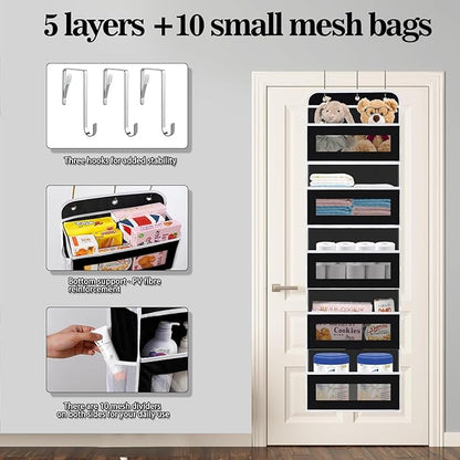 KYEVIS Over The Door Organizer, 5 Shelves Closet Door Hanging Organizer with 10 Mesh Pockets, Nursery Closet Organizer, Baby Essentials, Dorm Room Essentials for Girls