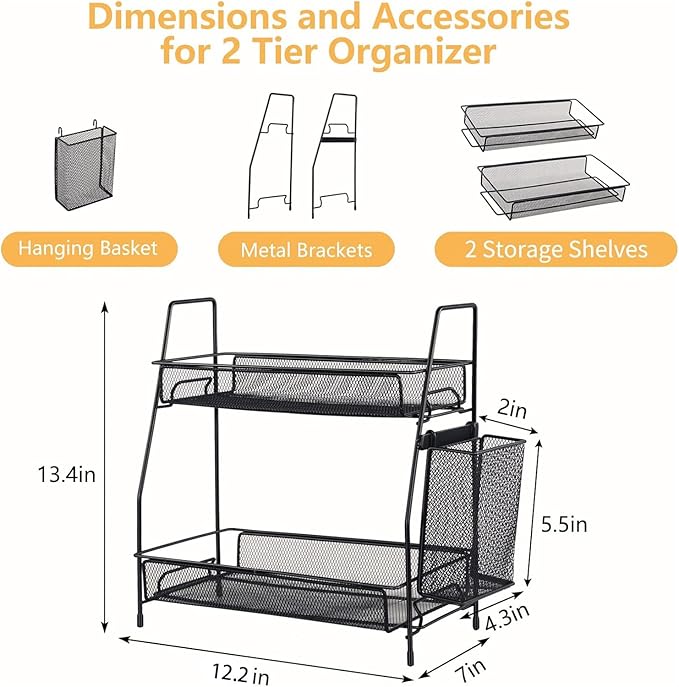 Bathroom Organizer with Basket, 2-Tier Bathroom Tray for Countertop Storage Shelf, Bathroom Counter Organizer, Vanity Organizer and Storage Kitchen Counter Organizers Spice Rack