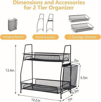 Bathroom Organizer with Basket, 2-Tier Bathroom Tray for Countertop Storage Shelf, Bathroom Counter Organizer, Vanity Organizer and Storage Kitchen Counter Organizers Spice Rack