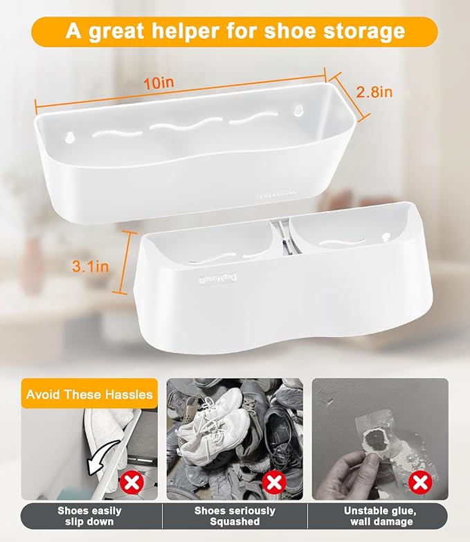 2-Pack Wall Mounted Shoe Rack with Sticky Strips, Space Saving Hanging Shoe Rack, No-Drill Hanging Shoe Shelves, Ideal for RV, Campers, Door, Wall, Closet - White