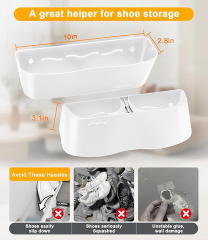 2-Pack Wall Mounted Shoe Rack with Sticky Strips, Space Saving Hanging Shoe Rack, No-Drill Hanging Shoe Shelves, Ideal for RV, Campers, Door, Wall, Closet - White