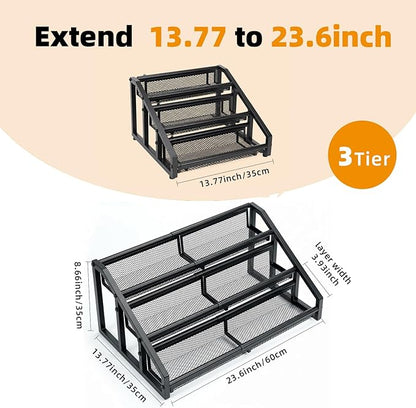 3 Tier Expandable Spice Rack Organizer for Kitchen，13.7"-23.6" Expandable Spice Organization Shelf,Metal Pantry Storage Shelves Racks,Space Saving for for Pantry, Counter top (Patent Pending)