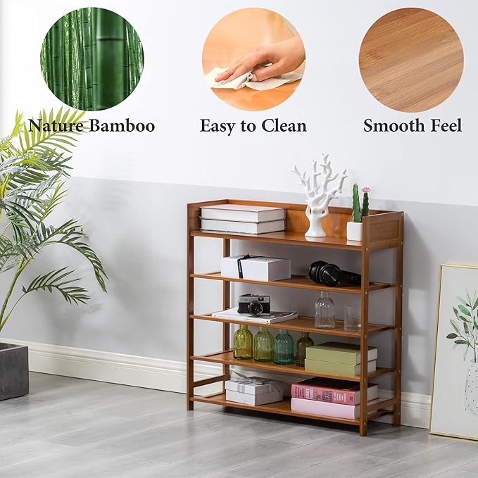 SOBIBO Shoe Rack Organizer, 5 Tier Bamboo Shoe Rack for Entryway, Front Door for Entryway,Closet and Bedroom Storage, Shoe Shelf（Brown）