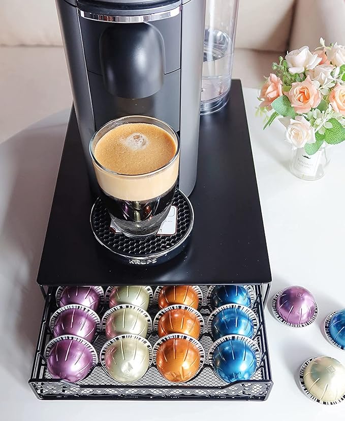 RECAPS Coffee Pod Holder Pod Drawer Storage Pods Holder Coffee Capsules Kitchen Organizer Compatible with Vertuoline Vertuo Stores 40 Capsules Black Color