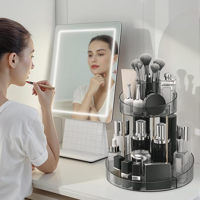2 tier Makeup Organizer Countertop,360 Rotating Makeup Organizer for Skincare, Lipstick and Perfumes,Multi-function Cosmetic Display Cases for Vanity,Bathroom,Grey
