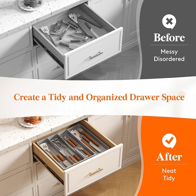 Lifewit Utensil Organizer for Kitchen Drawer, Expandable Cooking Silverware Tray, Adjustable Cutlery Flatware Holder, Plastic Spatula Tools Storage Divider, 17.3 x 15.8", Gray