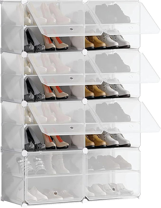 Patented Shoe Racks Organizers Shelves, Floor-Standing, Wall Hanging, Sturdy and extendable. Easy DIY Assembly, for Door Entrance, Closet, and Workplace (2x8Grid, Translucent)