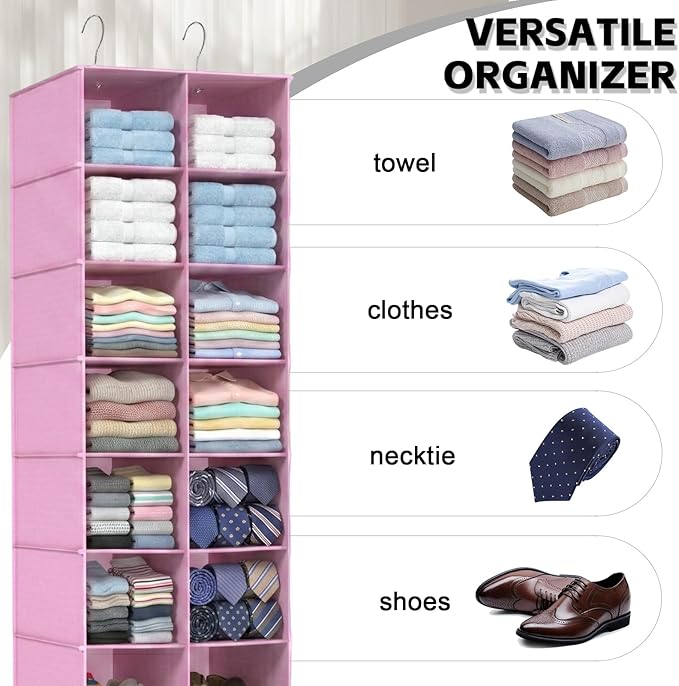 Hanging Shoe Organizer for Closet, 20 Sections Hanging Closet Organizers and Storage Shelves, Space Saving Shoe Storage Rack Holder, Pink, 12''W×12''Dx 50''H