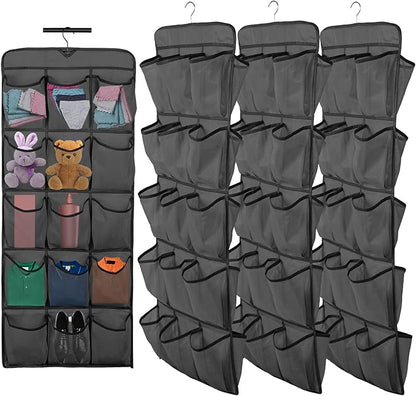 3Pcs 30 Large Pockets Dual Sided Hanging Shoe Organizer Double-Side Closet Storage Shelves with Rotating Hanger Space Saving Storage Bag Portable Shoe Rack Holder for Bedroom Laundry Room,Black
