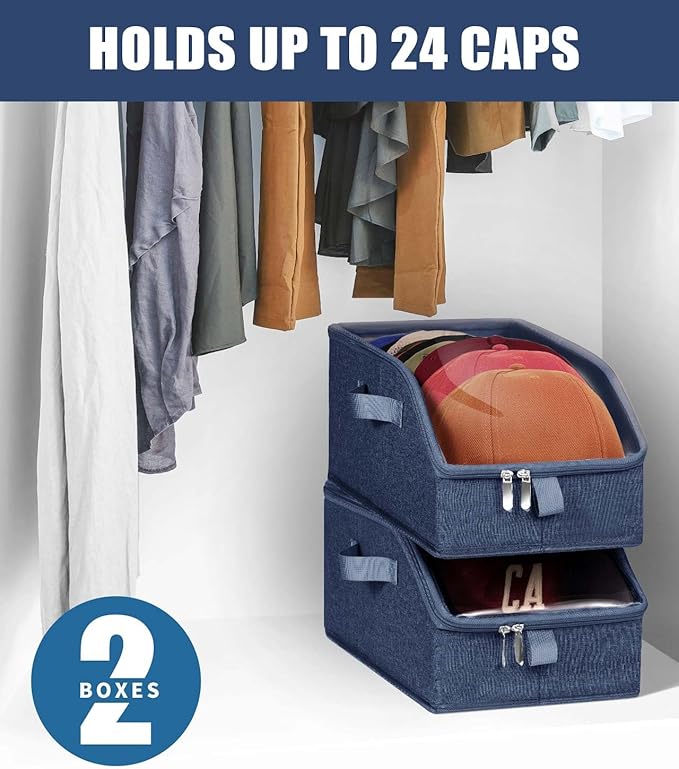 Livelab Hat Organizer for Baseball Caps, Hat Storage Holder Container for Closet Hold Hats with Clear Window, Hat Boxes for Home Storage | 2Pcs Blue