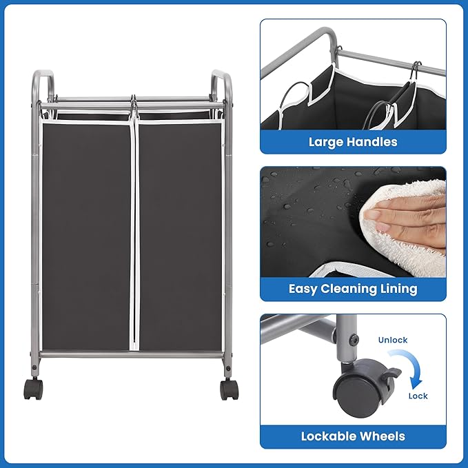 STORAGE MANIAC Laundry Sorter 2 Section, 90 L Gal Laundry Hamper with Wheels, Clothes Basket Separator Sorter, 2 Bag Clothes Cart with Wheels and Removable Bags for Closet, Dorm, Collage, Black