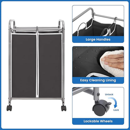 STORAGE MANIAC Laundry Sorter 2 Section, 90 L Gal Laundry Hamper with Wheels, Clothes Basket Separator Sorter, 2 Bag Clothes Cart with Wheels and Removable Bags for Closet, Dorm, Collage, Black