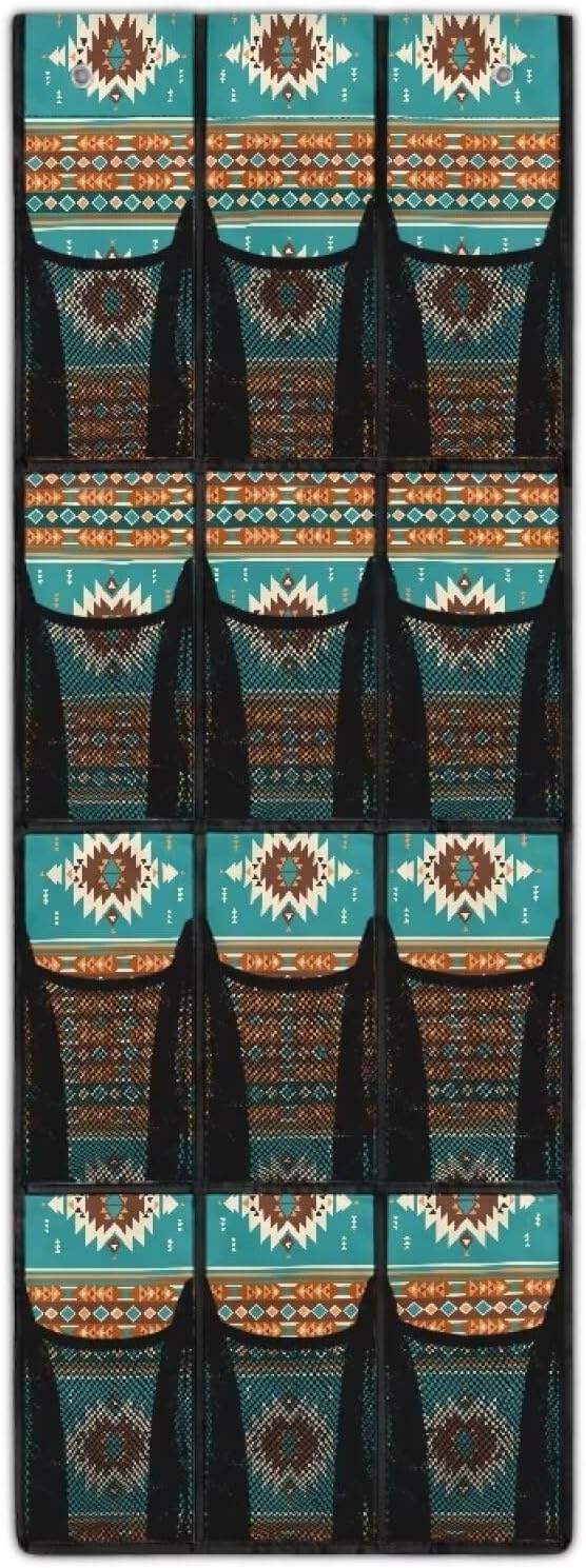 Foldable Over the Door Organizer with 12 Pockets, Storage Hanging Bag Behind the Door, Space Saving Design for Small Spaces, Aztec Tribal Ethnic Style