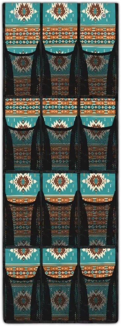 Foldable Over the Door Organizer with 12 Pockets, Storage Hanging Bag Behind the Door, Space Saving Design for Small Spaces, Aztec Tribal Ethnic Style