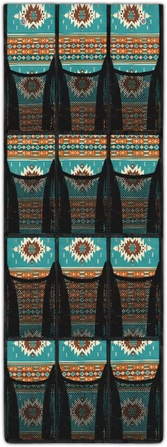 Foldable Over the Door Organizer with 12 Pockets, Storage Hanging Bag Behind the Door, Space Saving Design for Small Spaces, Aztec Tribal Ethnic Style