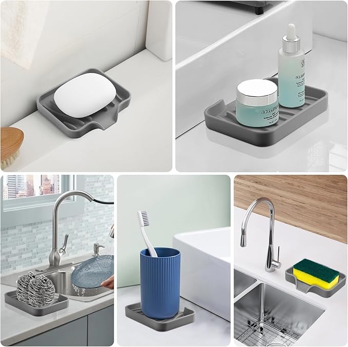 Silicone Soap Dish with Drain, SAISN Kitchen Soap Tray for Shower 2 Pack Self Draining Soap Dish Soft Bathroom Soap Holder for Kitchen Sink Flexible Portable Soap Saver, Grey