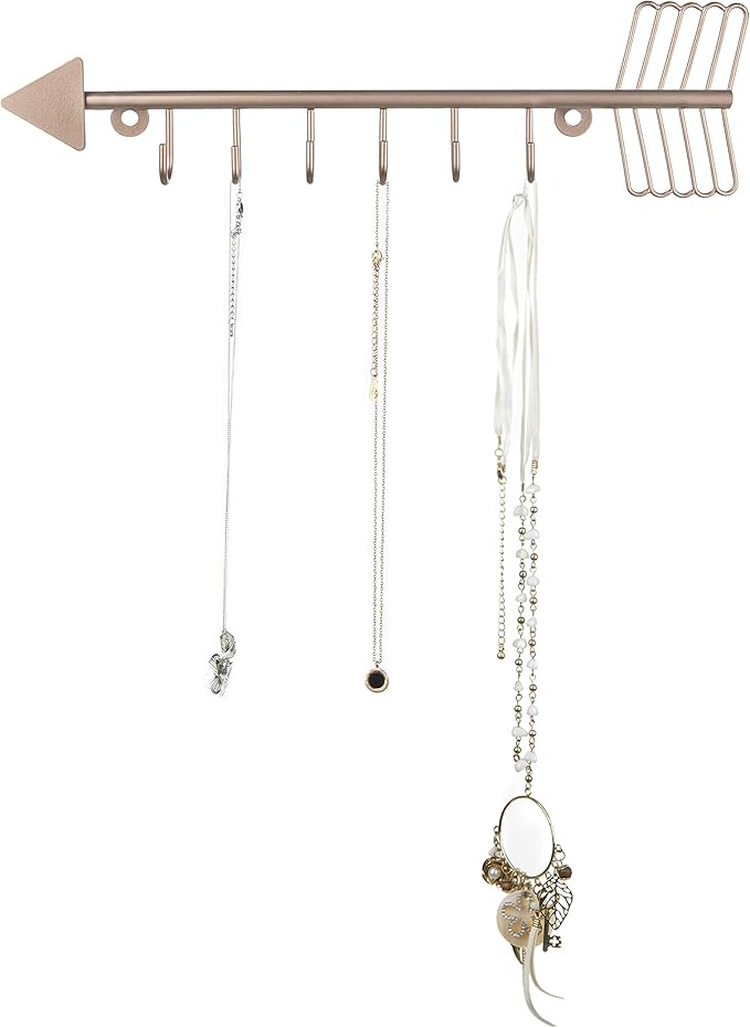 MyGift 12 Inch Wall Mounted Rose Gold Tone Metal Arrow Shaped Jewelry Organizer, Hanging Storage Display Rack with 6 Hooks for Necklaces Bracelets Keys
