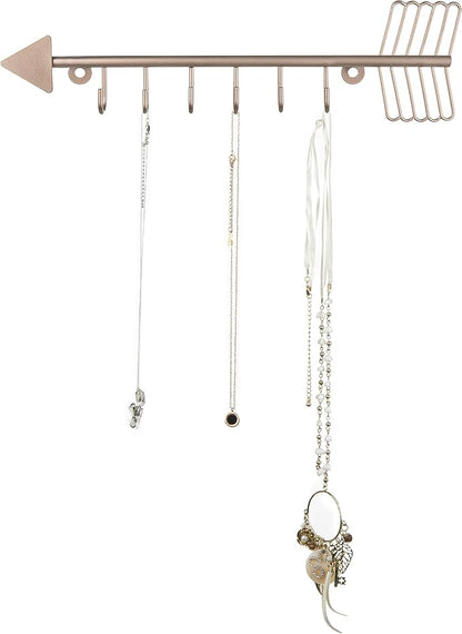 MyGift 12 Inch Wall Mounted Rose Gold Tone Metal Arrow Shaped Jewelry Organizer, Hanging Storage Display Rack with 6 Hooks for Necklaces Bracelets Keys