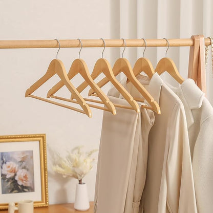 Wooden Coat Hangers 20 Pack,Nature Color with Shoulder Notches Suitable for Slip Dresses,Shirts, Blouses,Coats,360° Rotating Silver Hook Solid Wood Hanger