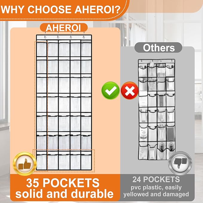 Aheroi 2 Pack 35 Pockets Over Door Shoe Organizer, White, Holds Up to 40 lbs, Mesh Pockets, Foldable, Hanging Shoe Rack