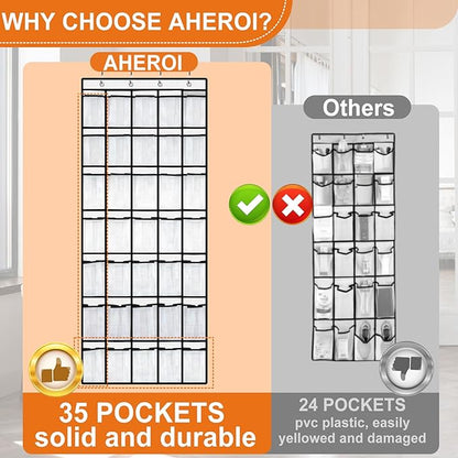 Aheroi 35 Pockets Large Over the Door Organizer, Breathable Mesh Pockets Shoe Organizer, Hanging Shoe Organizers Mesh Closet Shoe Holder Hanger Holds Up to 40 lbs, Space Saving Shoe Rack
