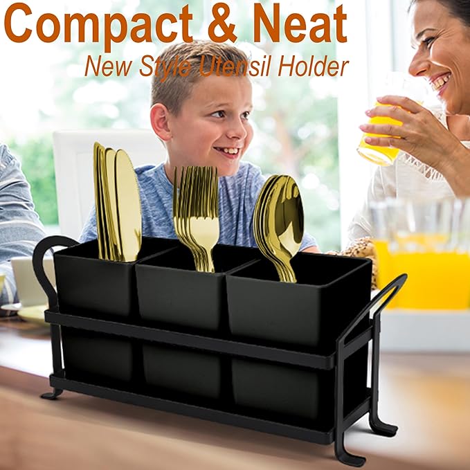 Czlizdyt Cutlery Holder with Drain Holes, Silverware Caddy for Party Countertop, 3pcs Bins Set Utensil Holders for Spoon and Fork, Black