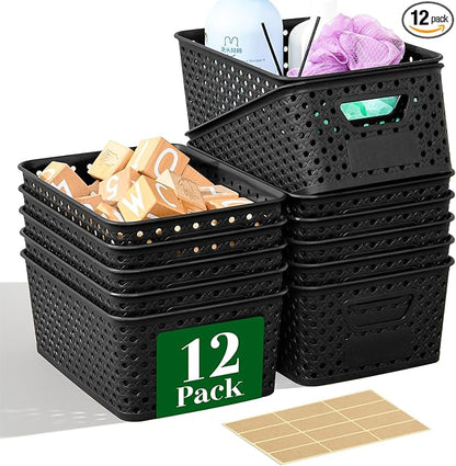 12 Pack Plastic Storage Baskets for Organizing, Storage Baskets for Shelves with Handles, Small Storage Bins with Labels, Organizer Baskets for Cabinet,Closet, Office,Black