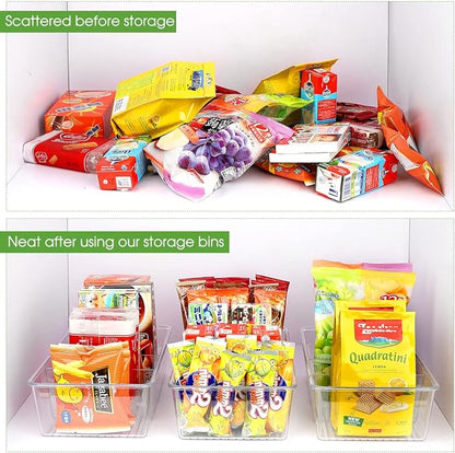ZIZOTI Snack Organizer for Pantry Shelf, 4 Pack Clear Plastic Pantry Storage Bins with 3 Dividers for Snacks, Spices, Chips Food Organizer, Stackable Pantry Organizers for Kitchen, Fridge, Cabinet