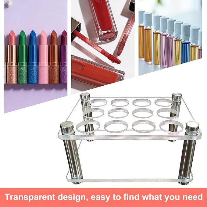 Acrylic 12 Slots Roller Perfume Organizer, Scentbird Perfume Holder, Beauty Scent Holder, Vertically Rack, Oils Makeup Lipgloss Display Case for Bedroom Bottle Comestic Storage 4.6 x 4 x 1.8 in