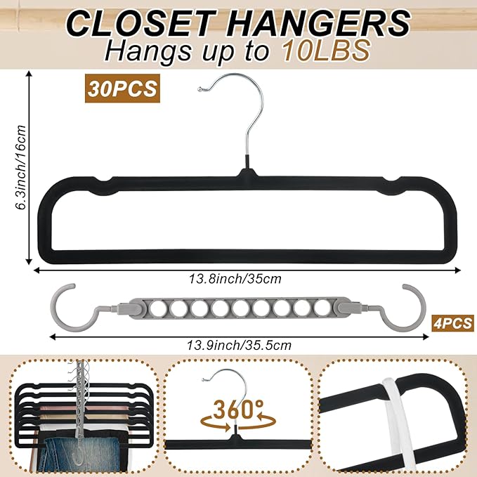 Velvet Pants Hangers Non Slip, 30 Pack Velvet Hangers for Closet with Porous Hooks, Strong Durable Space Saving Slim Clothes Hanger, Ultra Soft Flocked Hanger for Pants/Shirts/Bra/Shorts (Black)