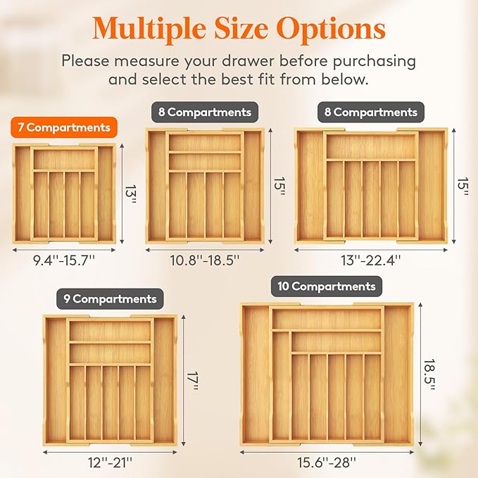 Lifewit Silverware Drawer Organizer, Expandable Utensil Tray for Kitchen, Flatware and Cutlery Holder, Wood Adjustable Storage for Spoons Forks Knives, 9.4-15.7x13", Natural