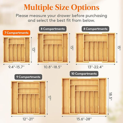 Lifewit Silverware Drawer Organizer, Expandable Utensil Tray for Kitchen, Flatware and Cutlery Holder, Wood Adjustable Storage for Spoons Forks Knives, 9.4-15.7x13", Natural