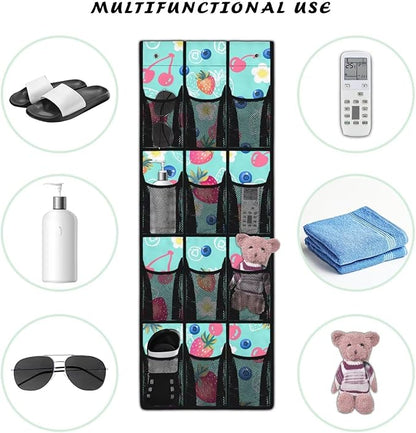 12-Pocket Foldable Door Hanging Organizer, Oxford Cloth Waterproof and Ideal for Bathroom Closet or Kitchen Storage Needs, Strawberry Blueberry Cherry