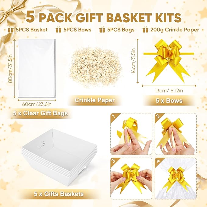 5 Pack Baskets For Gifts Empty, 10x12” White Gift Basket Kit with Clear Bags Gold Bows 200g Crinkle Cut Paper Empty Gift Baskets to Fill Large Gift Baskets for Christmas, Birthdays, Holidays, Weddings