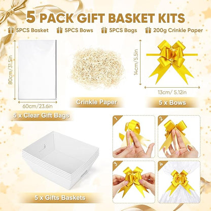 5 Pack Baskets For Gifts Empty, 10x12” White Gift Basket Kit with Clear Bags Gold Bows 200g Crinkle Cut Paper Empty Gift Baskets to Fill Large Gift Baskets for Christmas, Birthdays, Holidays, Weddings