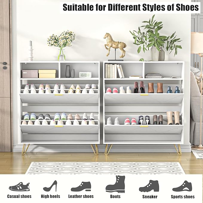 JOZZBY Large Shoe Cabinet for Entryway, 46'' White Narrow Shoe Storage Cabinet with 2 Flip Drawers and Open Shelves, Hidden Wide Freestanding Shoe Rack for Hallway, Set of 2