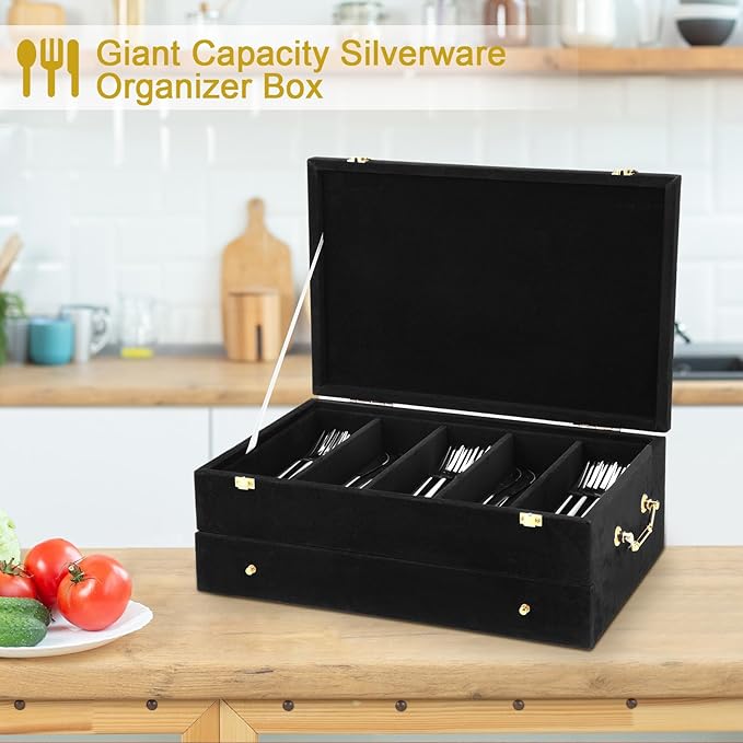 Pickmesh Silverware Case with Lid and Handle, Silverware Storage Box Sterling Silver Flatware Chest Without Silver Tarnish Proof Utensils Organizer for Kitchen Decor Wedding Gifts (Black,2 Layer)