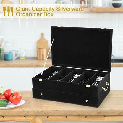 Pickmesh Silverware Case with Lid and Handle, Silverware Storage Box Sterling Silver Flatware Chest Without Silver Tarnish Proof Utensils Organizer for Kitchen Decor Wedding Gifts (Black,2 Layer)