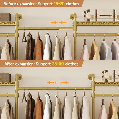 ComfyCorner Wall Mounted Garment Rack, Industrial Pipe Metal Clothing Rack with 6 Hanging Rods (4 Expandable) & 8 Shelves, Closet Organizers and Storage System for Bedroom, Walk in Closet