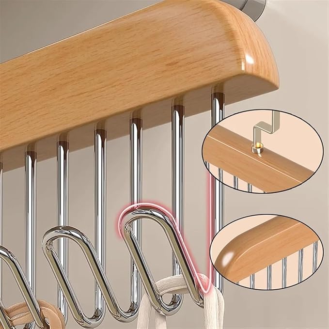 4 Pack Tie Rack Hanger with 8 Metal Hooks, Space Saving Necktie Organizer for Men – Large Capacity Tie and Belt Wooden Hanger for Closet (Brown)