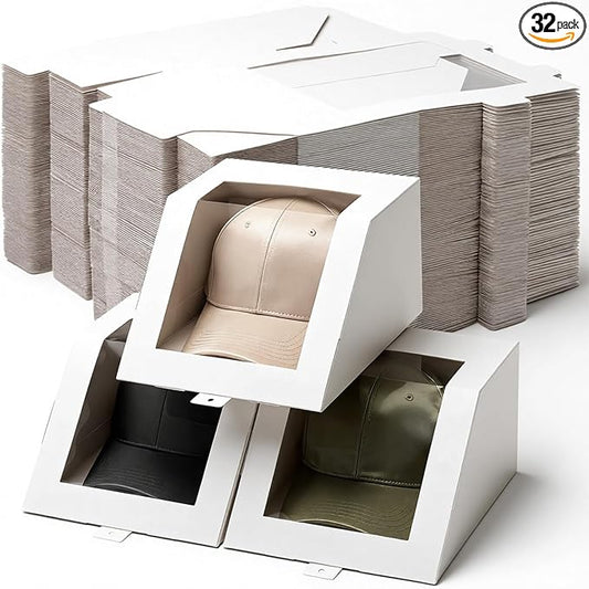 32 Pcs Hat Gift Boxes with Clear Window 8.7 x 7.7 x 4.8 Bulk Foldable Hat Shipping Box for Packing Paper PVC Baseball Cap Display Boxes, Reliable Construction, White Stackable Storage Container