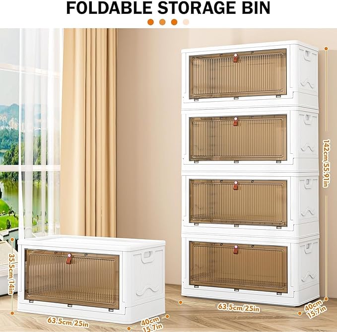 YFXCVSL 4 Tier Plastic Storage Bins with Lid 102QT, Stackable Storage Containers with Wheels, Folding Storage Boxes, Stackable Storage Bins, Organizers and Storage for Living Room